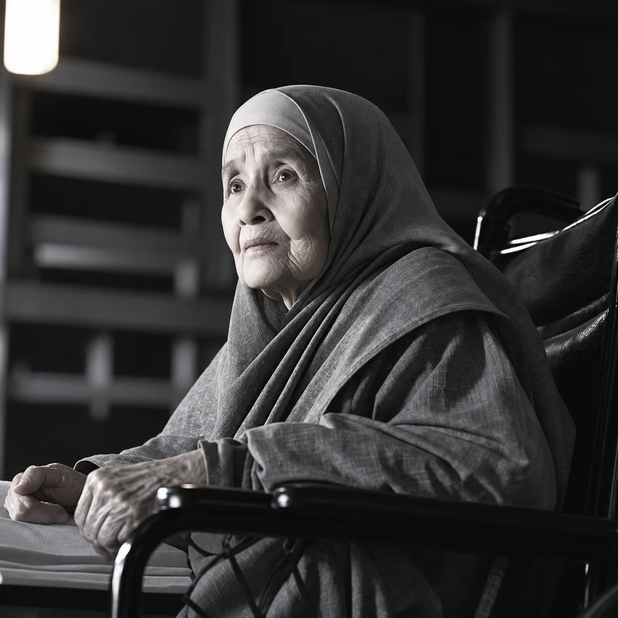 An elderly woman seated in a wheelchair at home
